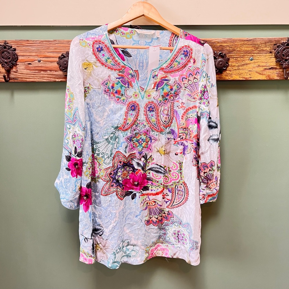 Soft Surroundings Florent Tunic Aquatic Blue Beaded Paisley Floral Top Large NEW